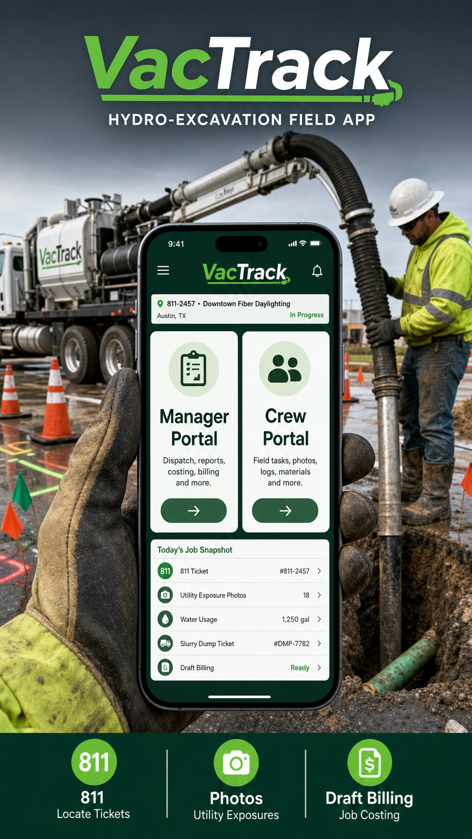 VacTrack hydro excavation phone poster with Manager Portal and Crew Portal choices